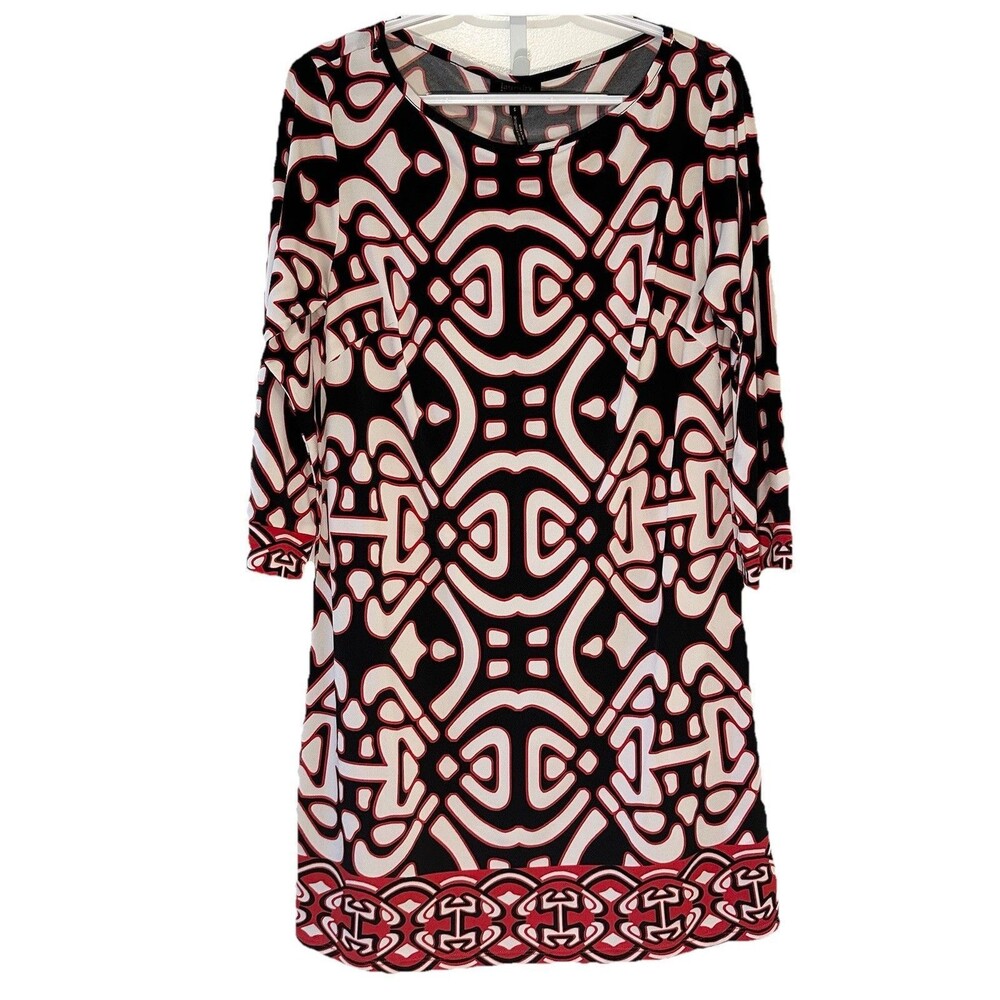 Laundry by Design Size 6 Black Red Ivory Geometric Print Shift Dress 3/4 Sleeve